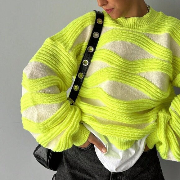 Yellow Casual Women's Round Neck Wave Stripe Color Long-Sleeved Knit Sweater - Picture 1 of 4